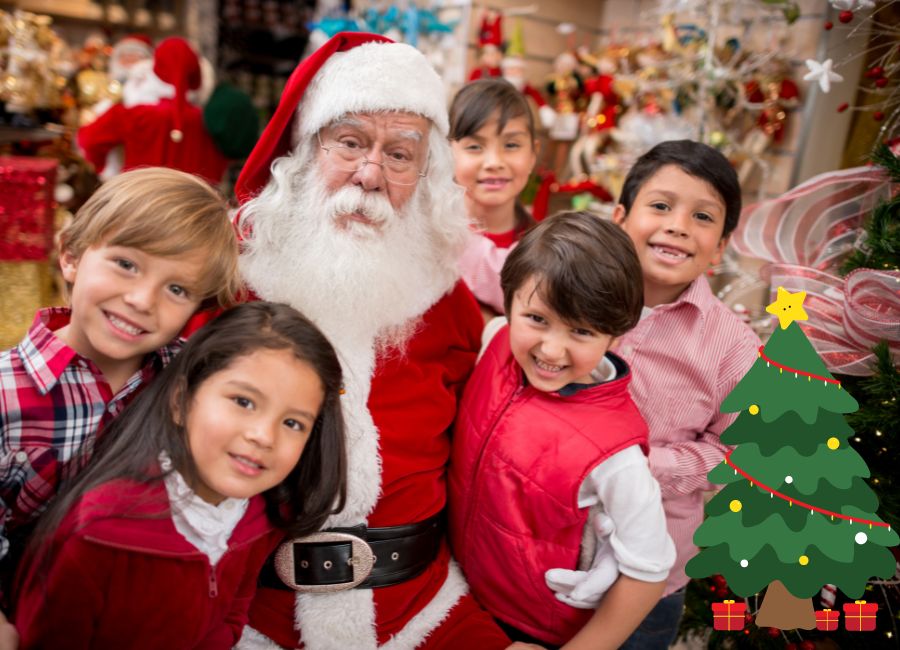 image shows children with Santa