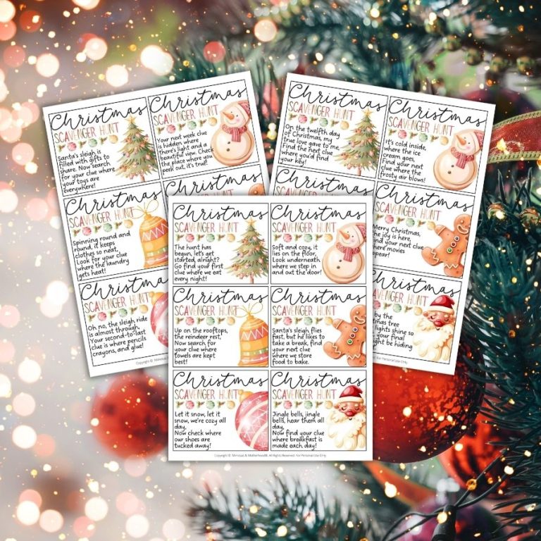 image shows 3 pages of printable scavenger hunt clues