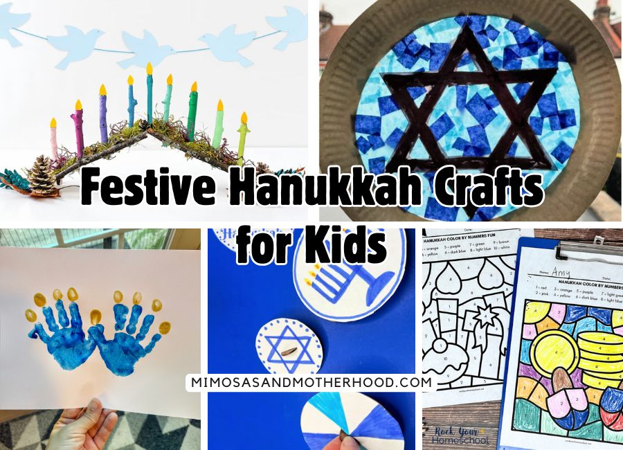 image shows 5 different Hanukkah crafts for little kids to make