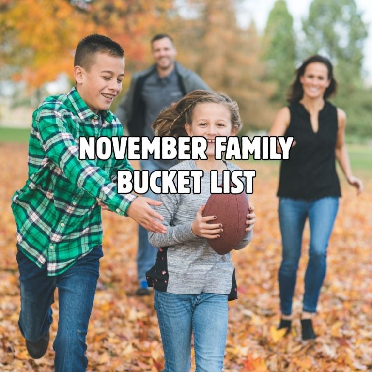 image shows a family running in fall leaves