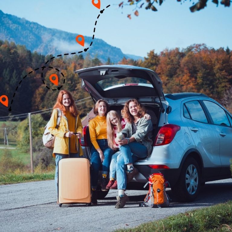 image shows a family on a road trip