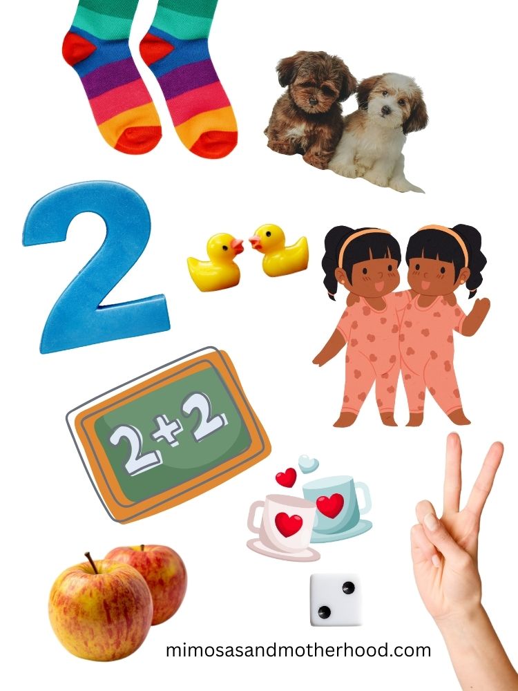 image shows different pairs of things or the number 2