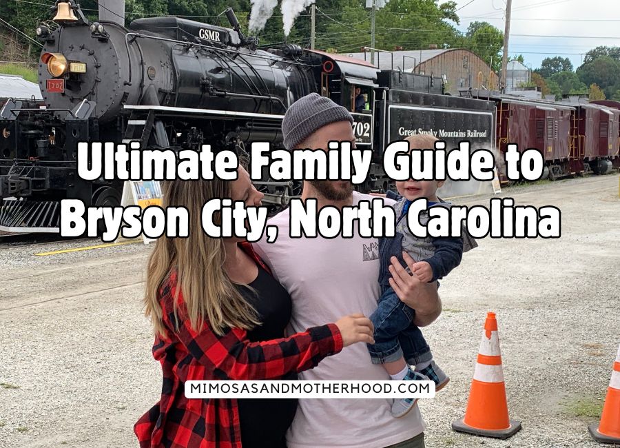 image shows a family in front of the Smokey Mountain Railroad in Bryson City NC