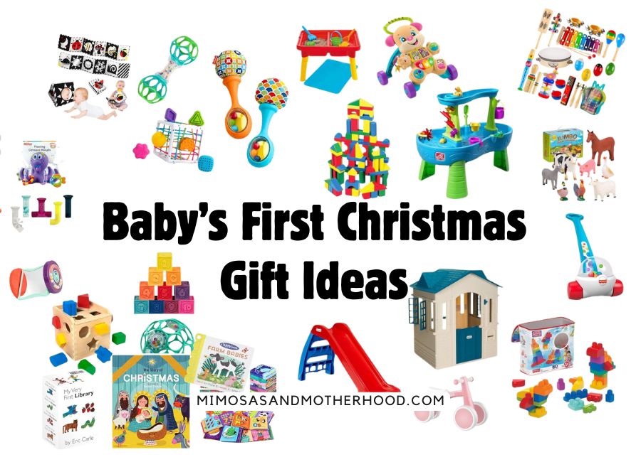 blog post title over images of gifts for baby's 1st christmas
