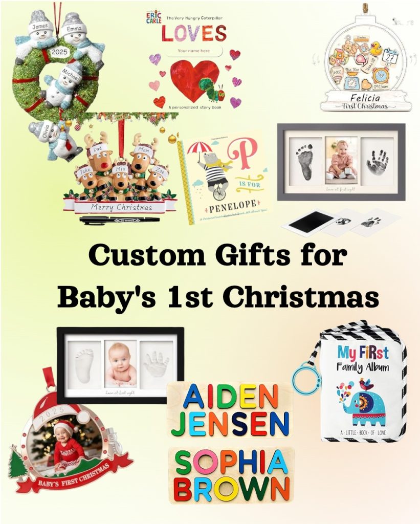 image shows gifts that can be personalized for baby's first Christmas