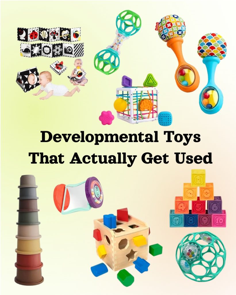 image shows different developmental toys for babies