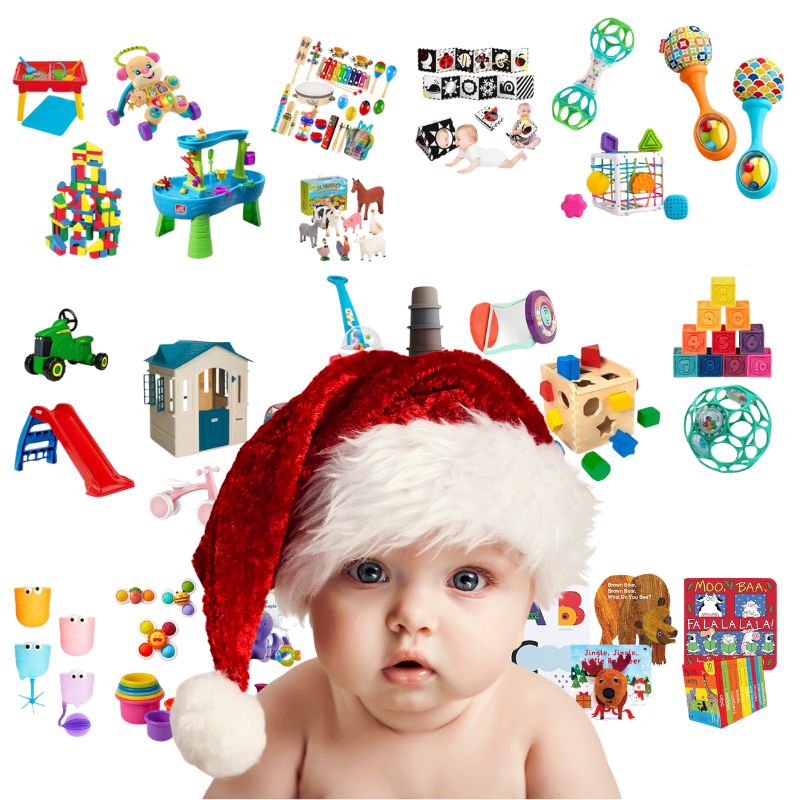 image shows a baby with a santa hat on in front of different toys