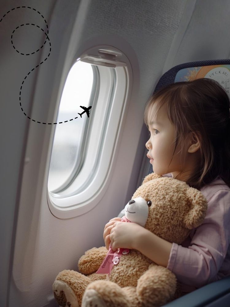 image shows a little girl looking out an airplane window holding a teddy bear
