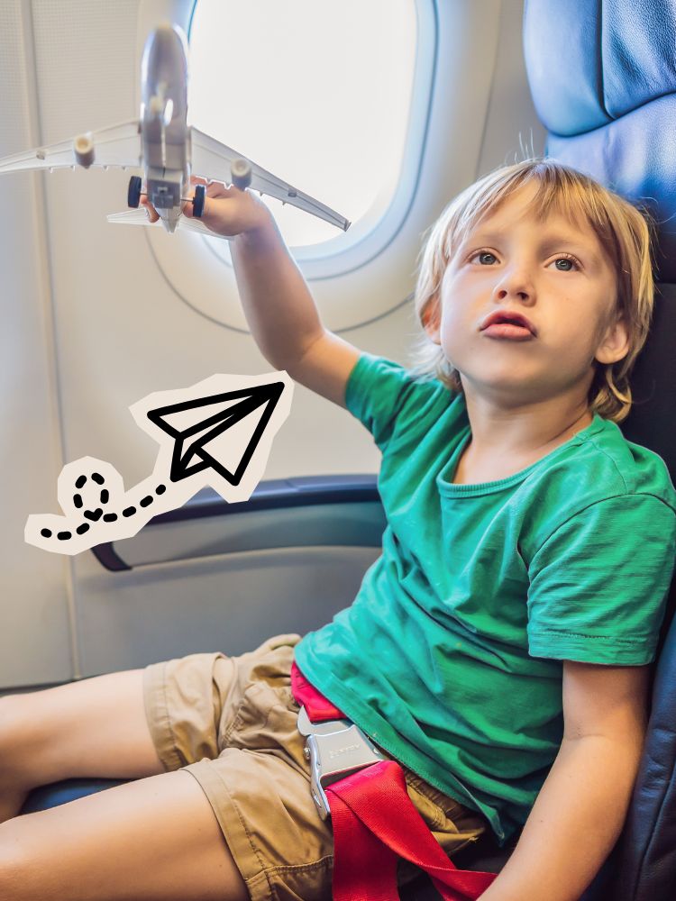 image shows a little boy on an airplane