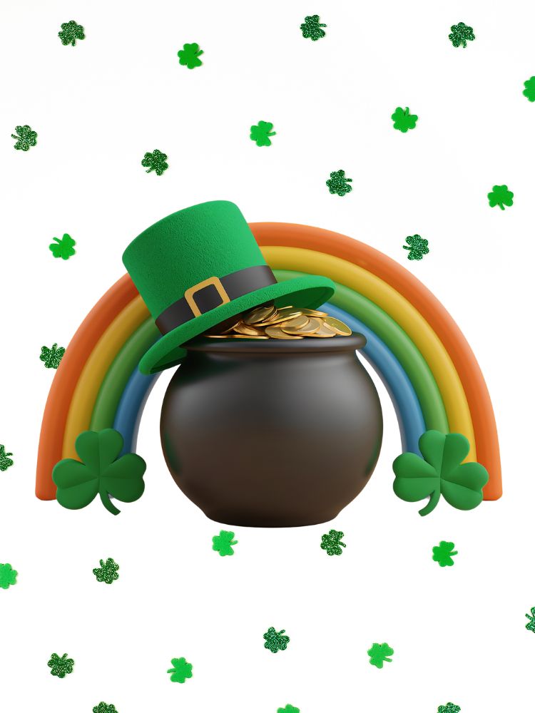 image show a pot of gold with a rainbow and leprechaun hat