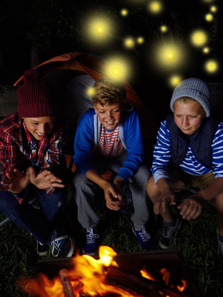 kids sitting around the campfire outside