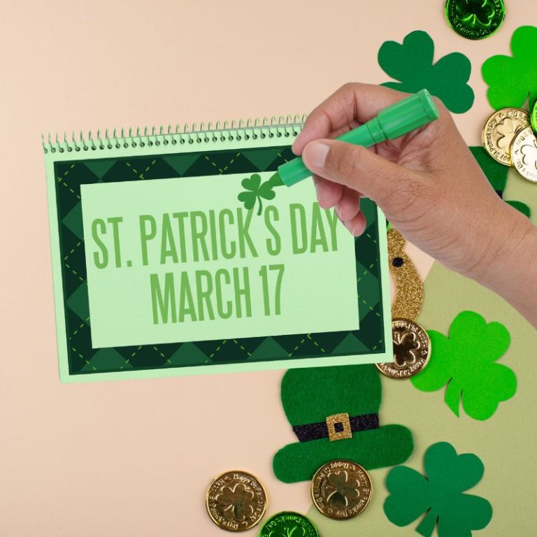 image shows symbols of St. Patrick's Day with the date