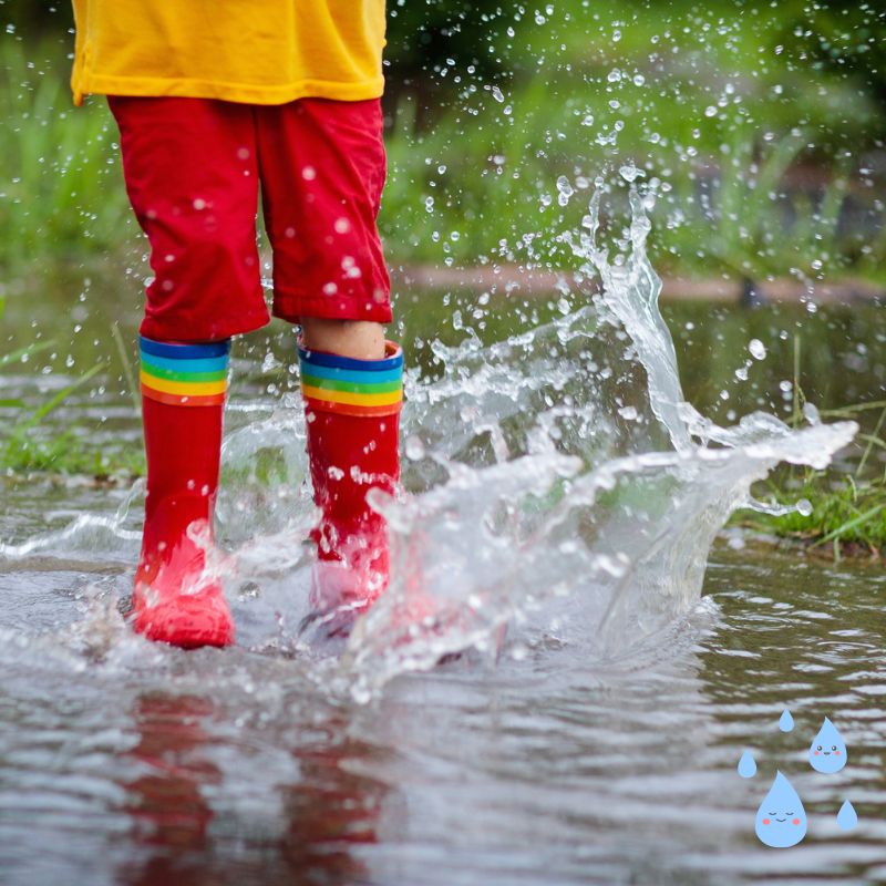 image shows child jumping in a puddle