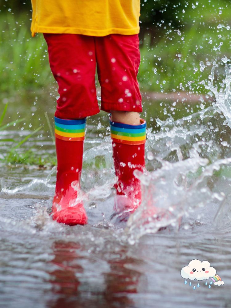 child jumping in puddle