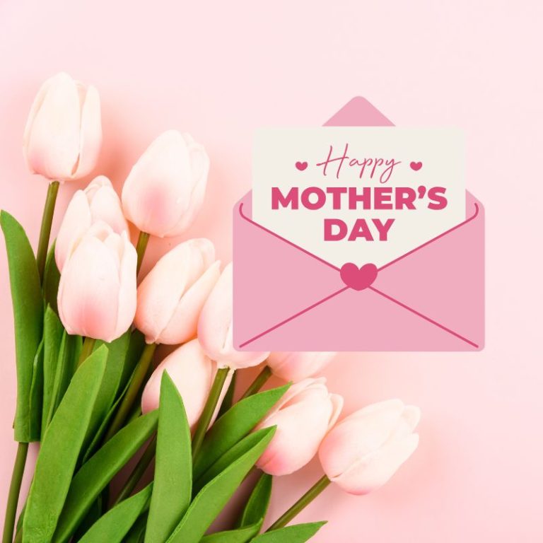 image shows pink tulips with a mothers day card