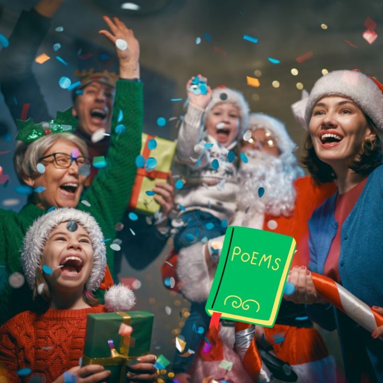 image shows a family celebrating christmas with a poetry book