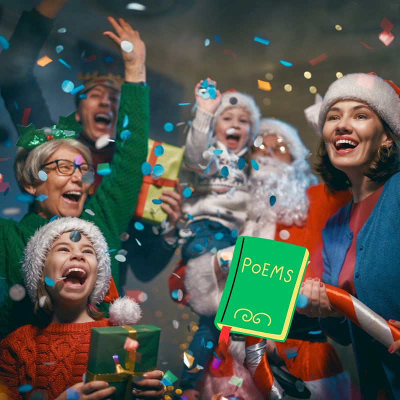 image shows a family celebrating christmas with a poetry book