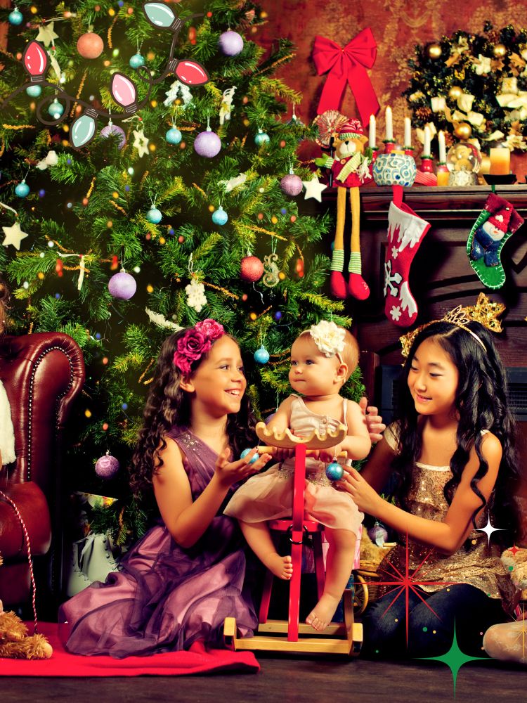 image shows children in front of a christmas tree