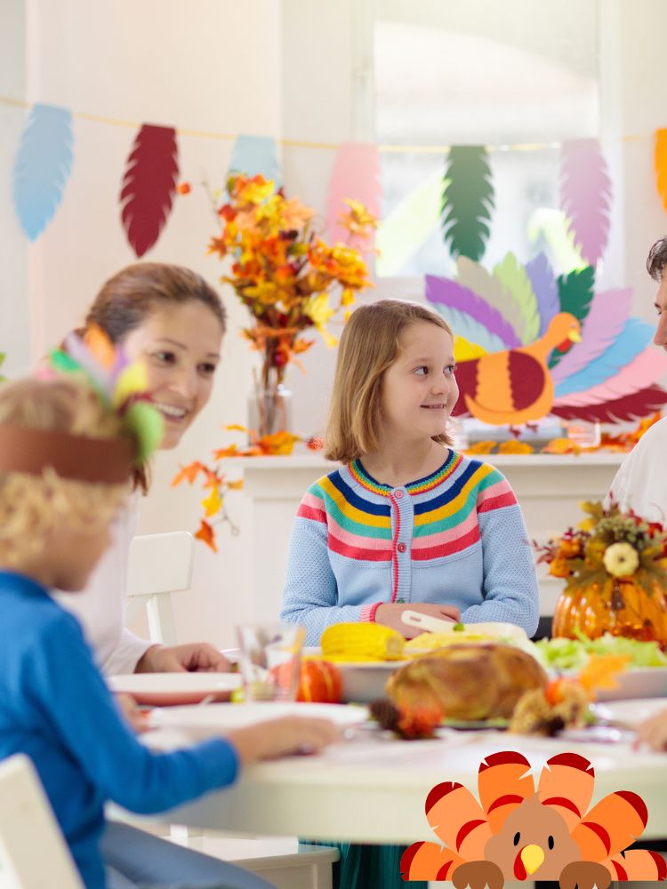 image shows a family around the table at Thanksgiving