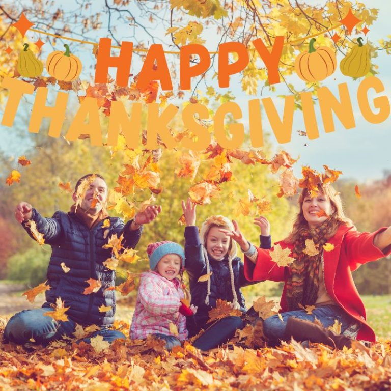 image shows family playing outside during Thanksgiving